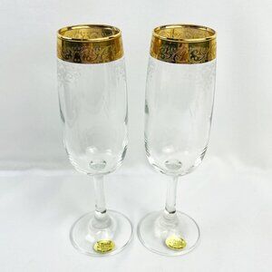 Cellini Wine Clear Champagne Flutes Etched Glasses 24K Gold Rims Italy 2 Pcs.